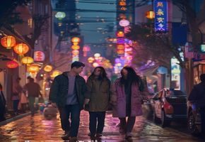 亚洲国产高清都市爱情电影场景，男女主角在霓虹街道漫步，画面温柔浪漫